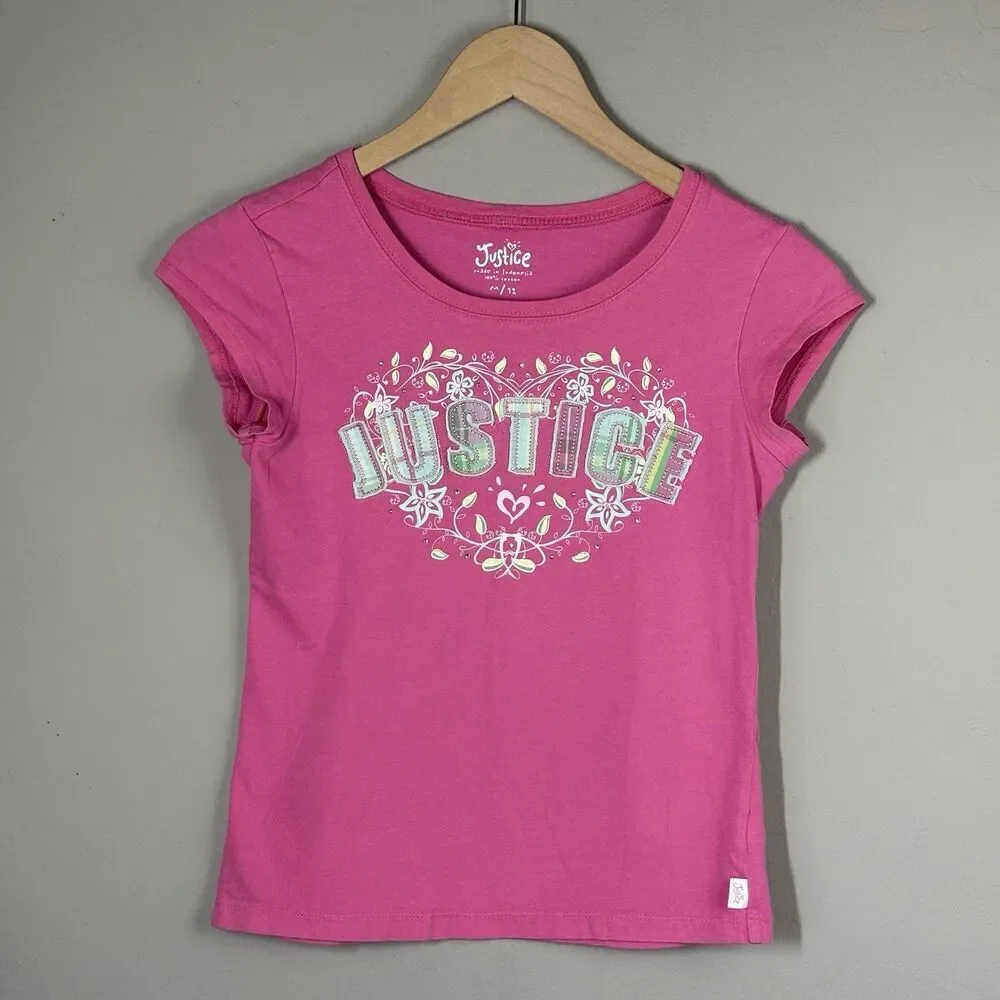 Vintage Y2K Justice Embellished Top Girls M Pink Big Spell Out Tee Rhinestones